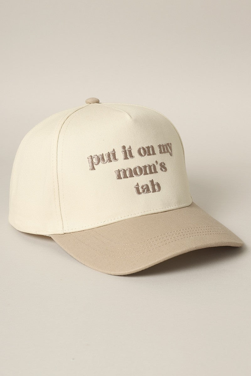 Put It On My Mom's Tab Embroidered Trucker Hat (beige)