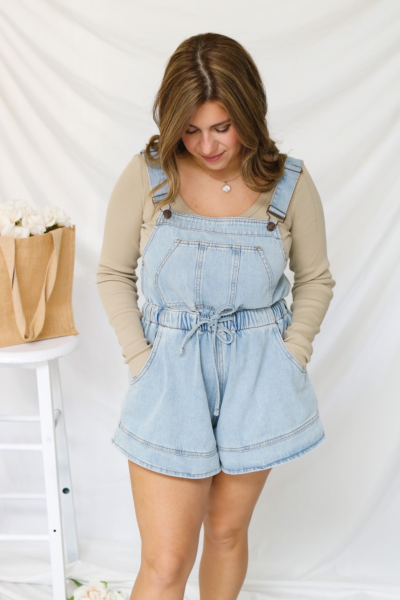 Flower Picking Denim Short Overalls