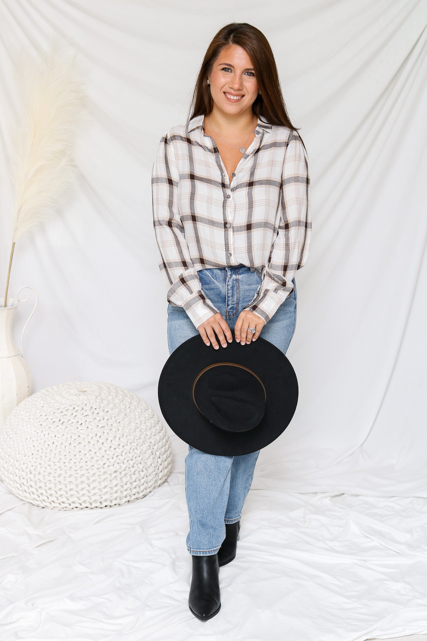 Hayrides Plaid Button Top