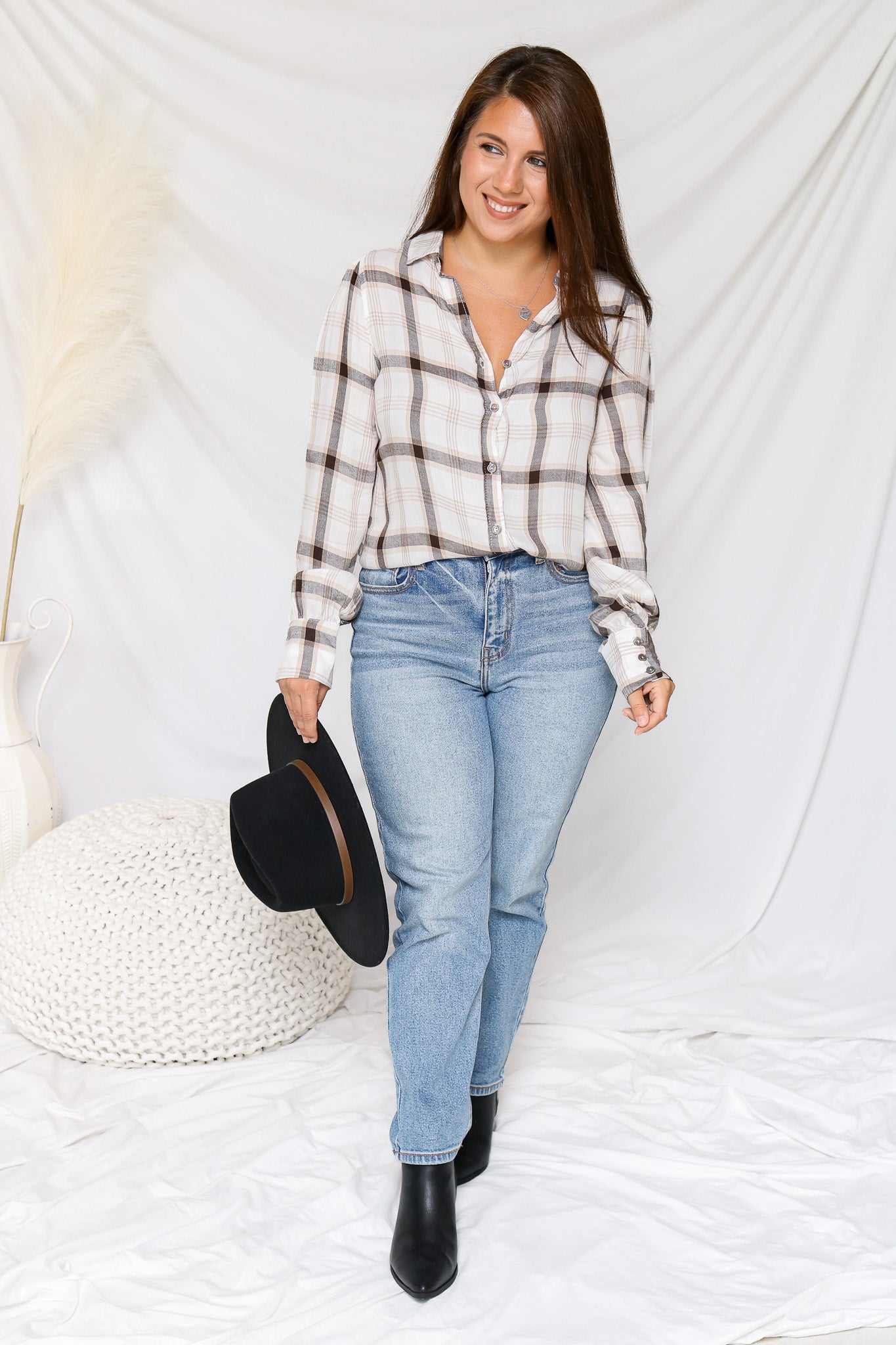 Hayrides Plaid Button Top