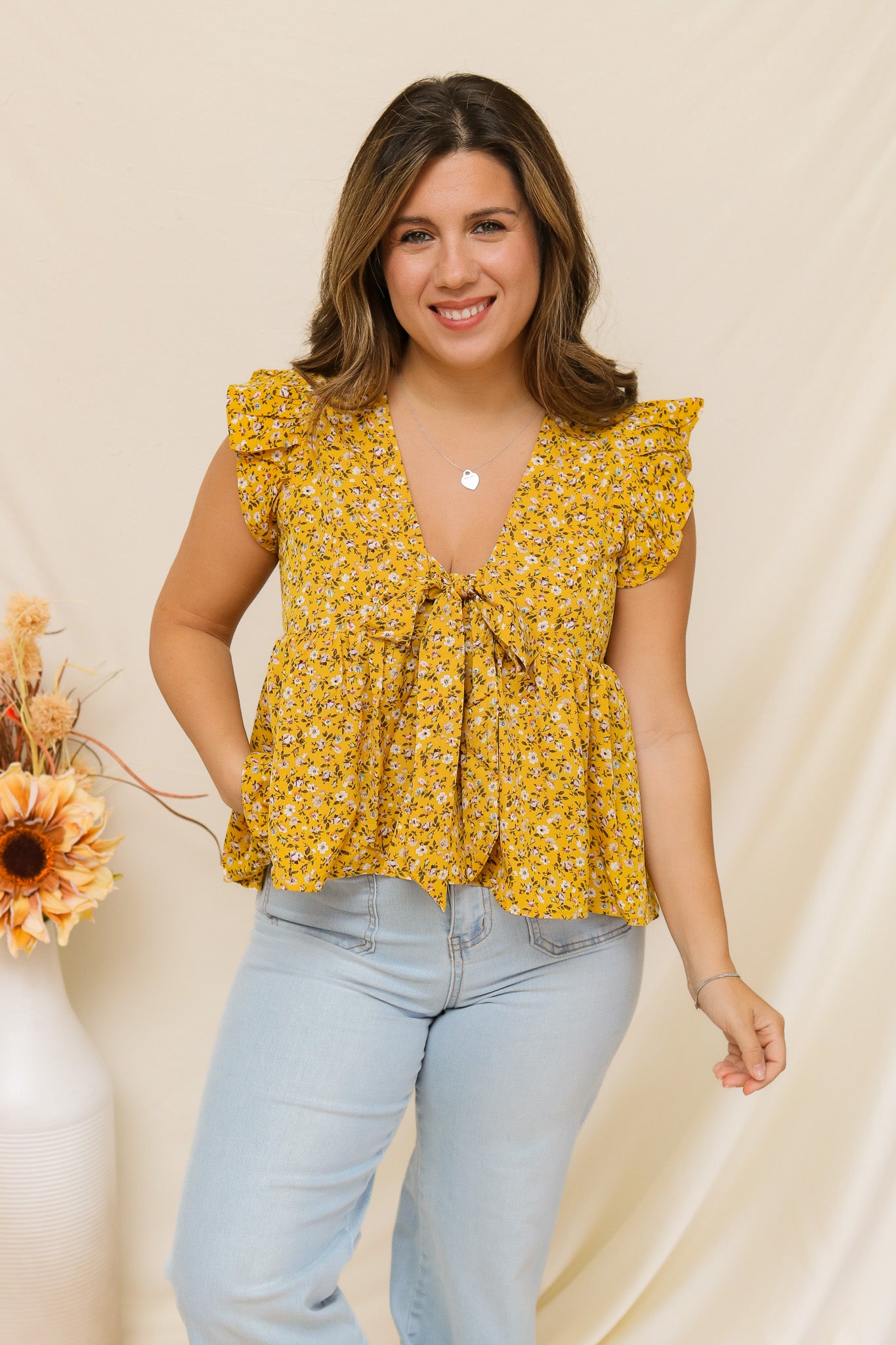 Sunflower Picking Tie Front Top
