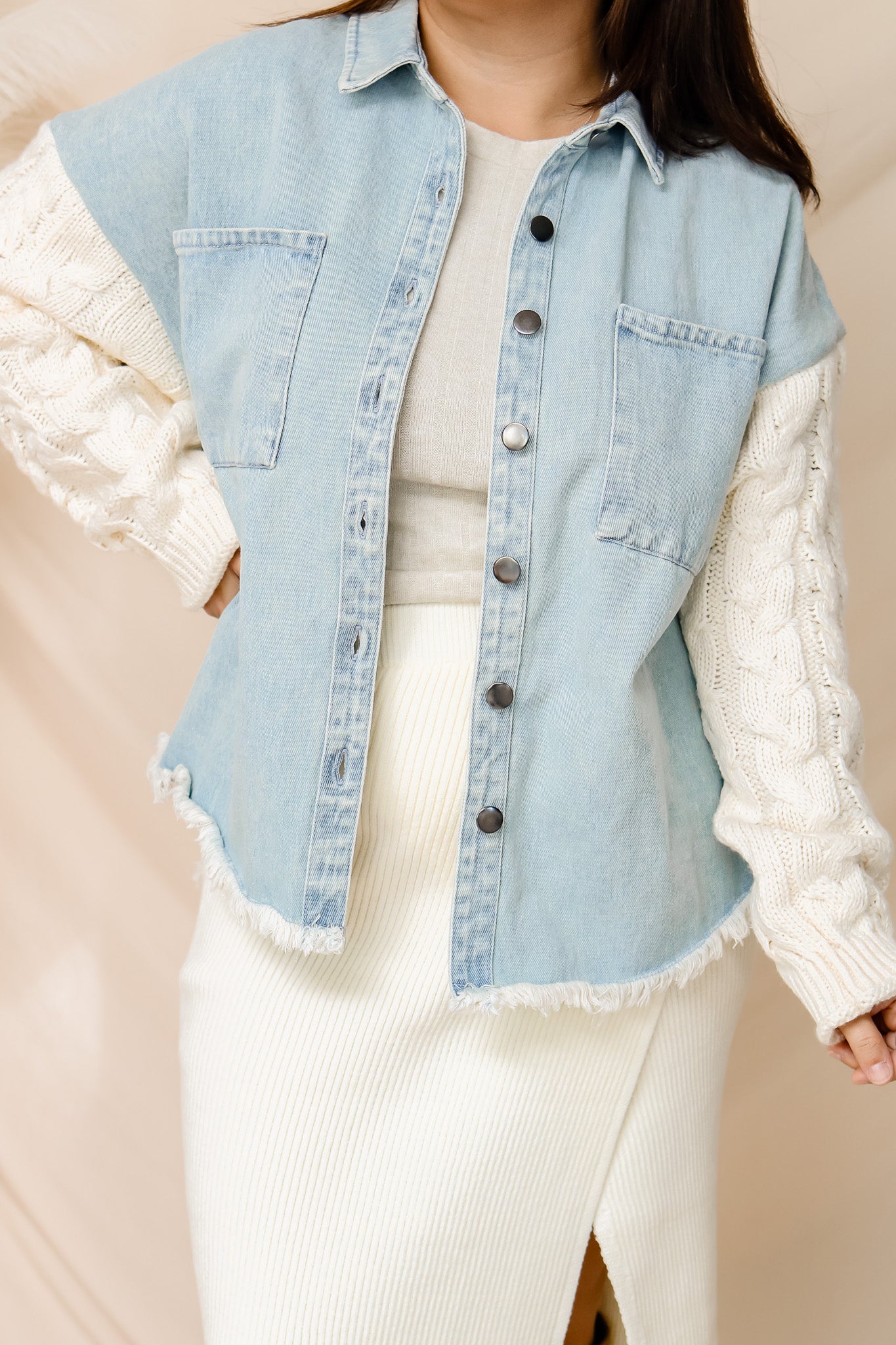 Make A Statement Denim Knit Sleeve Jacket