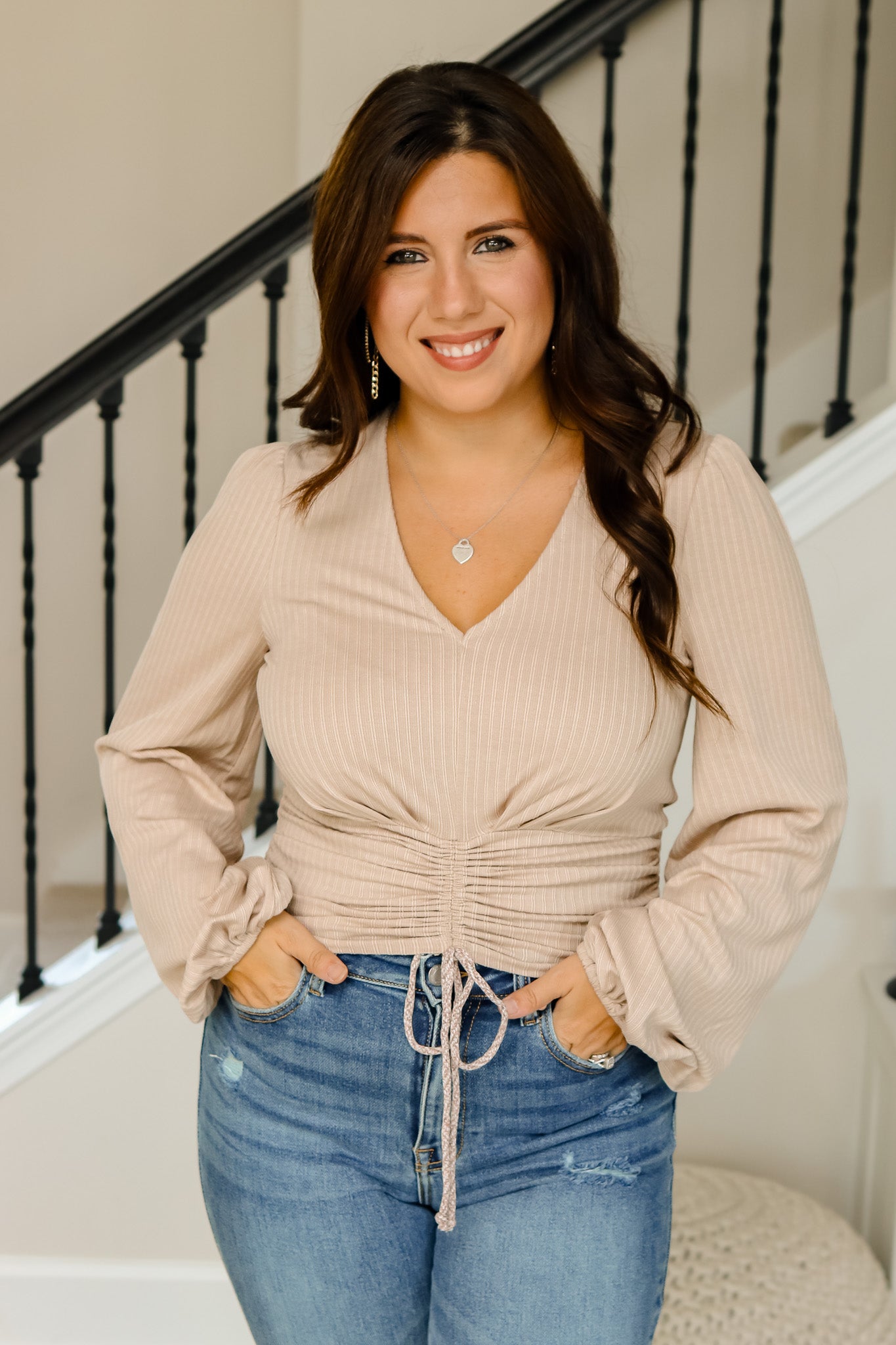 Crisp Afternoons Ruched Top (taupe)