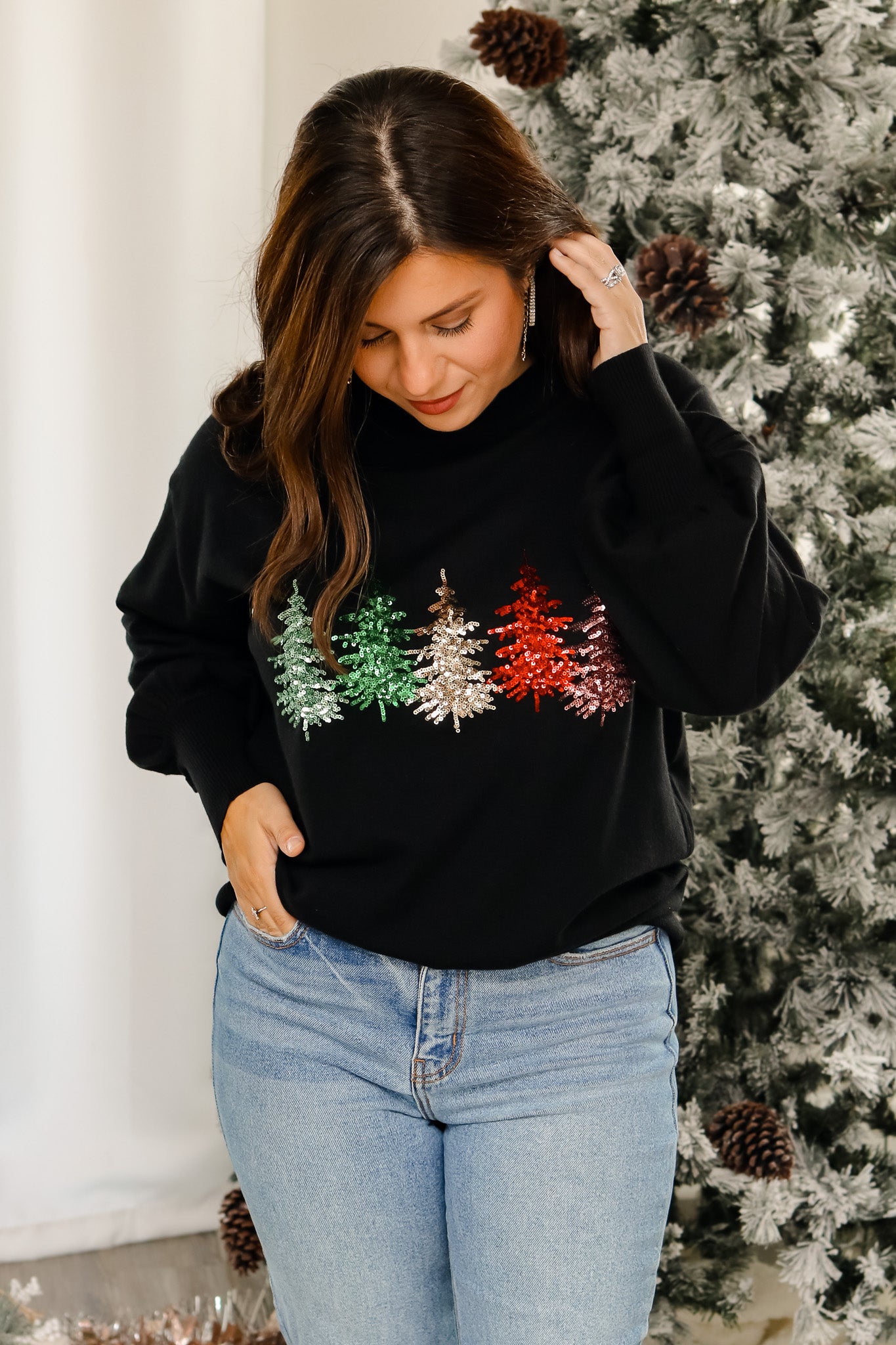Colorful Christmas Trees Sequin Sweater (black)