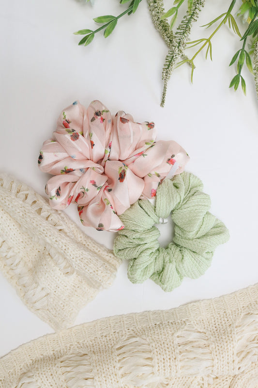 Pink Floral And Mint Scrunchie Set