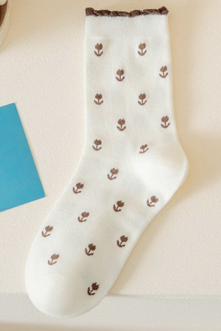 Brown Floral Ruffle Socks