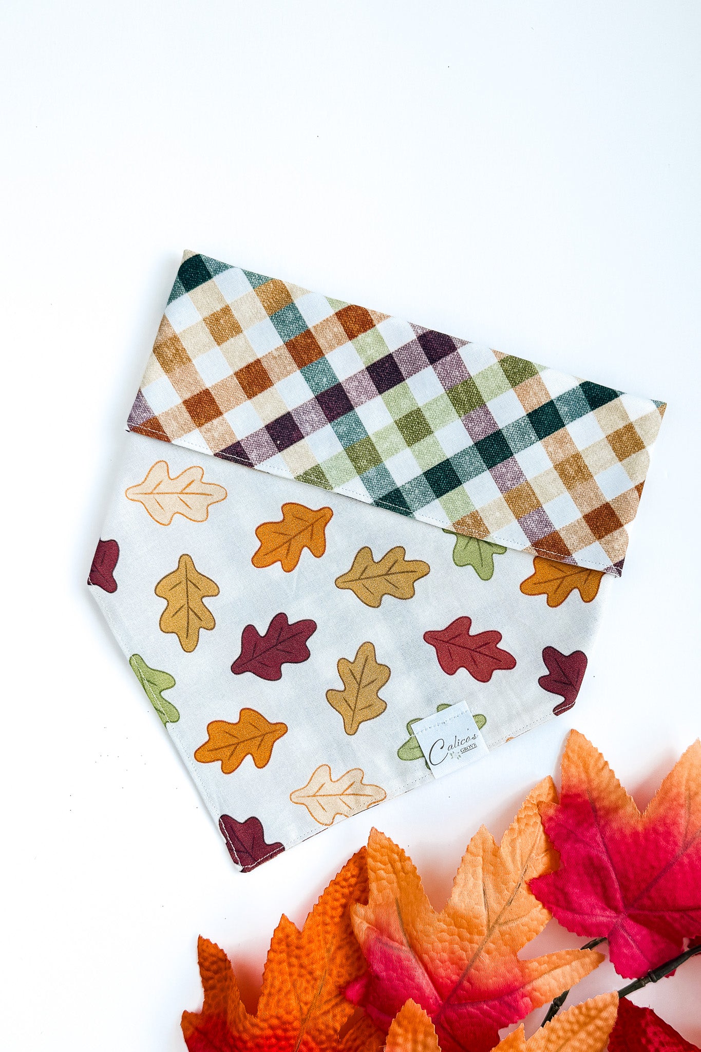 Autumn Leaves And Plaid Reversible Bandana