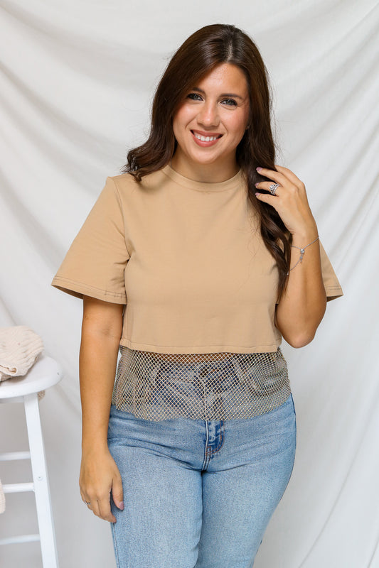 See Me Shine Rhinestone Top (khaki)