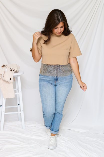 See Me Shine Rhinestone Top (khaki)
