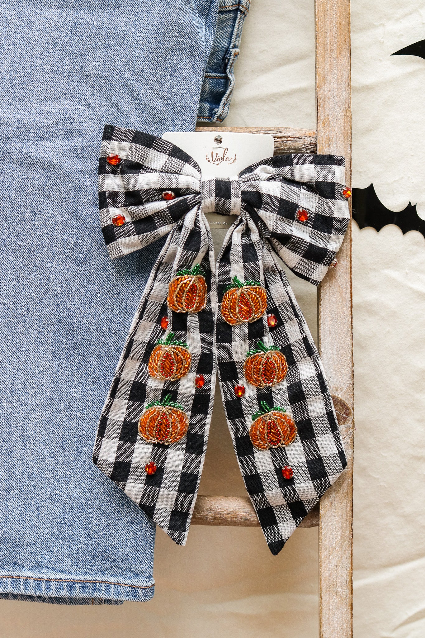 Pumpkin Plaid Jeweled Hair Bow