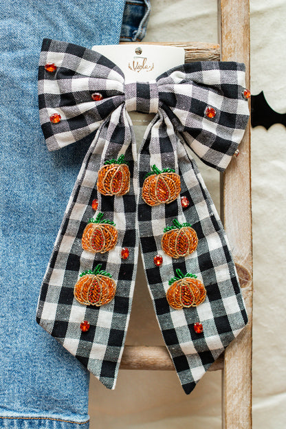 Pumpkin Plaid Jeweled Hair Bow