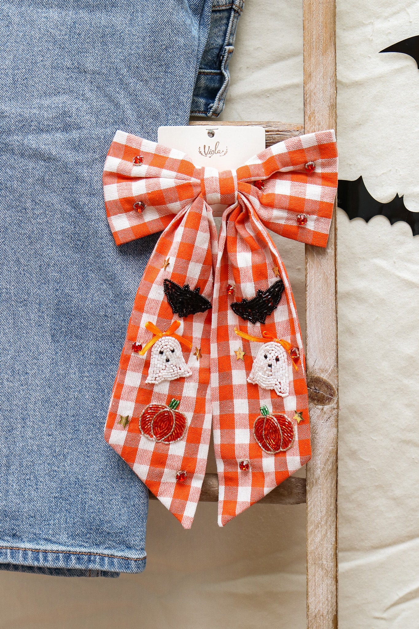 Halloween Plaid Jeweled Hair Bow