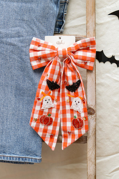 Halloween Plaid Jeweled Hair Bow