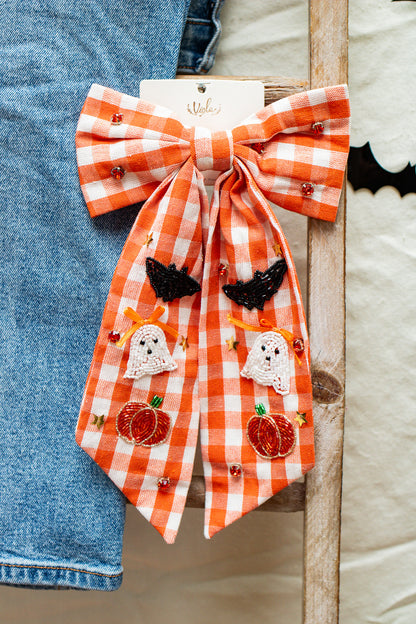 Halloween Plaid Jeweled Hair Bow