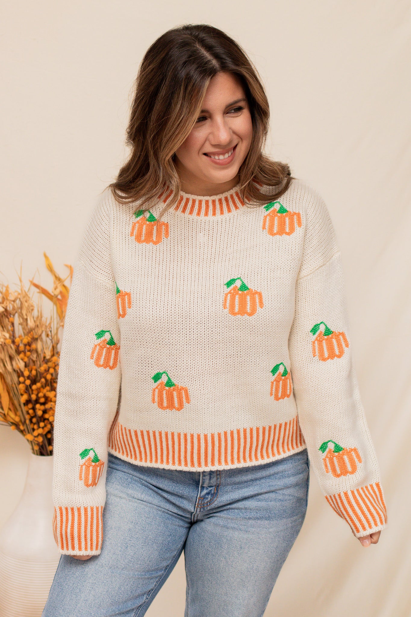 Pumpkin Embroidered Knit Sweater