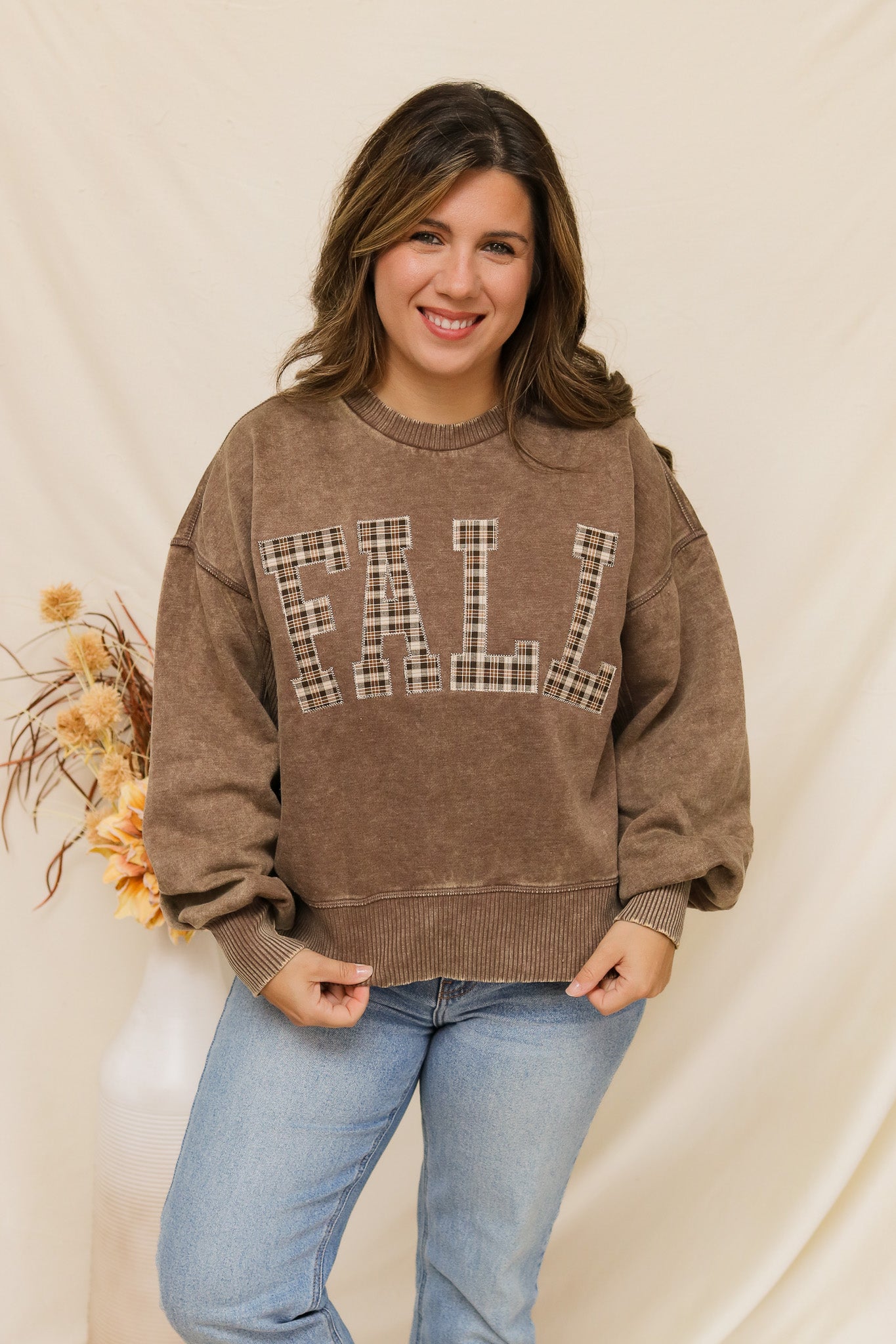 Fall Stitched Graphic Pullover (plaid/mocha)