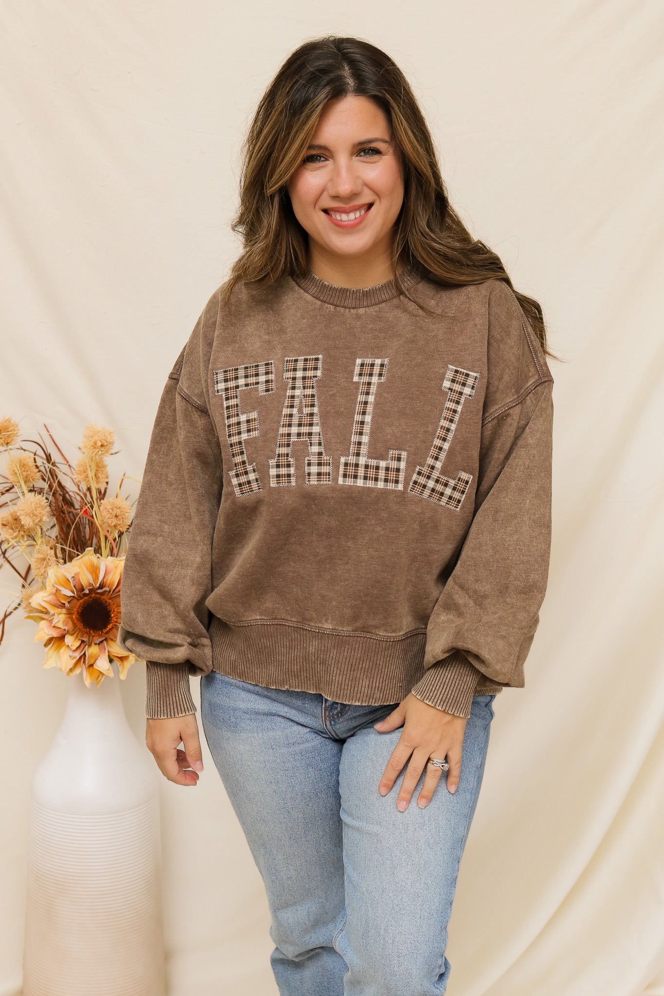 Fall Stitched Graphic Pullover (plaid/mocha)