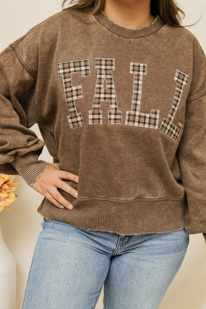 Fall Stitched Graphic Pullover (plaid/mocha)