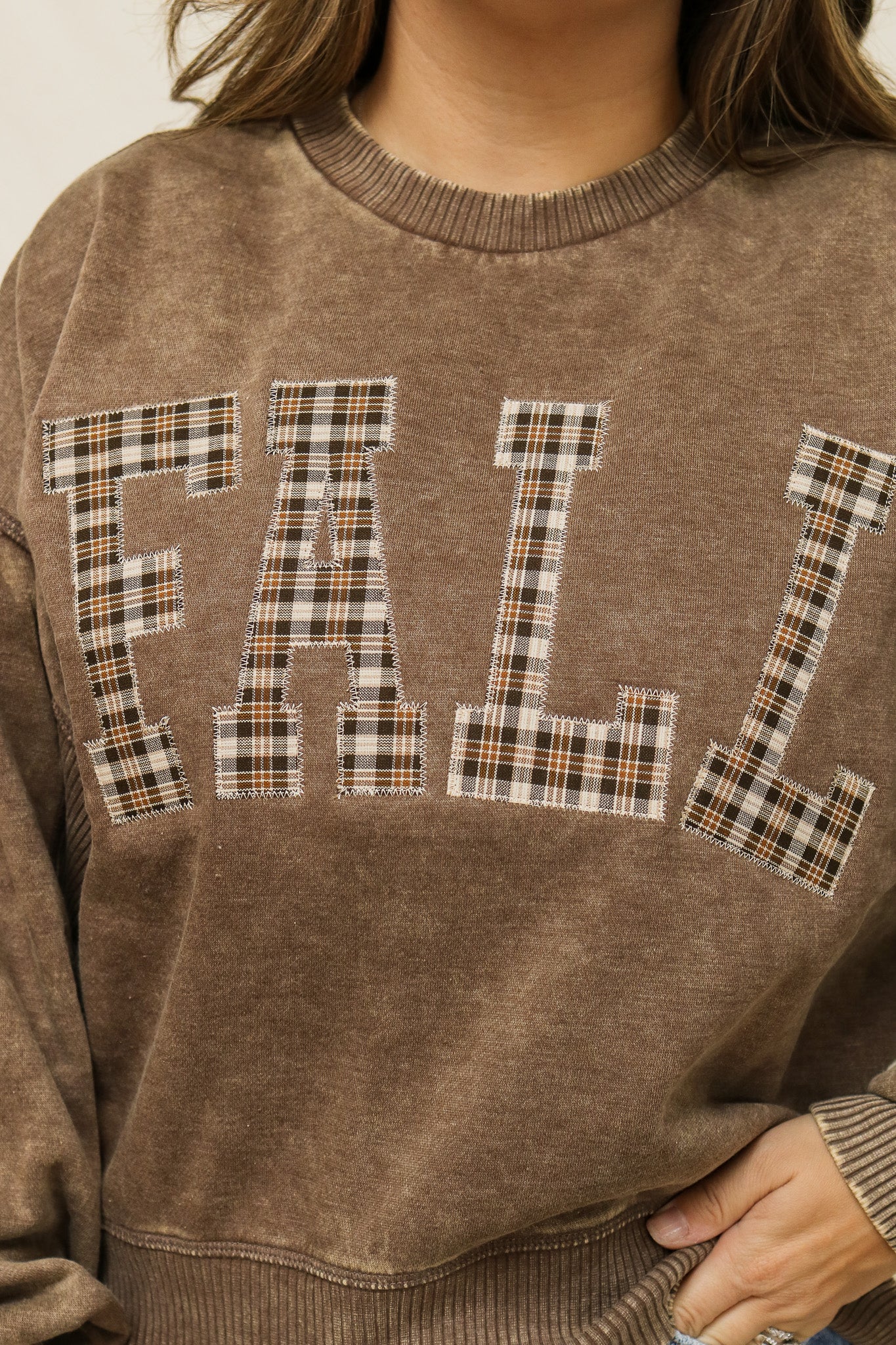 Fall Stitched Graphic Pullover (plaid/mocha)