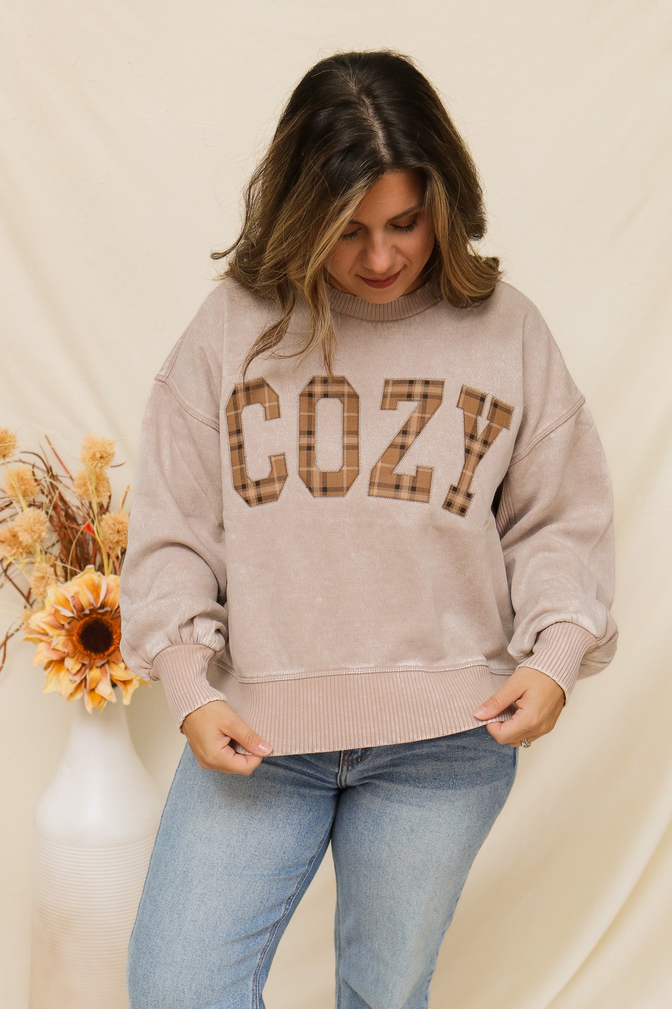 Cozy Stitched Graphic Pullover (plaid)