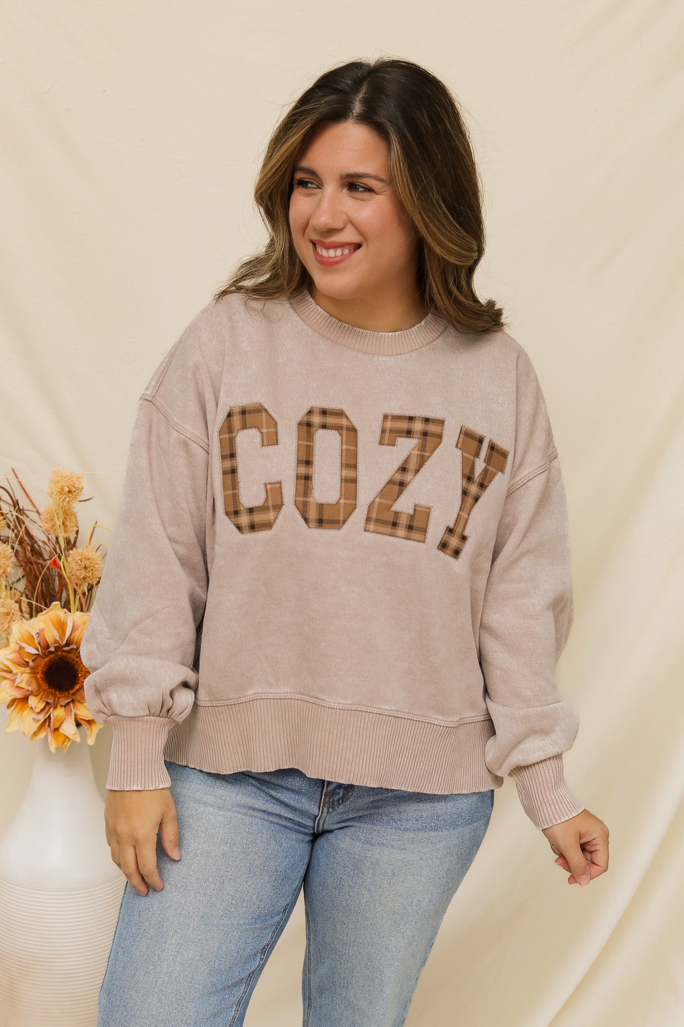 Cozy Stitched Graphic Pullover (plaid)