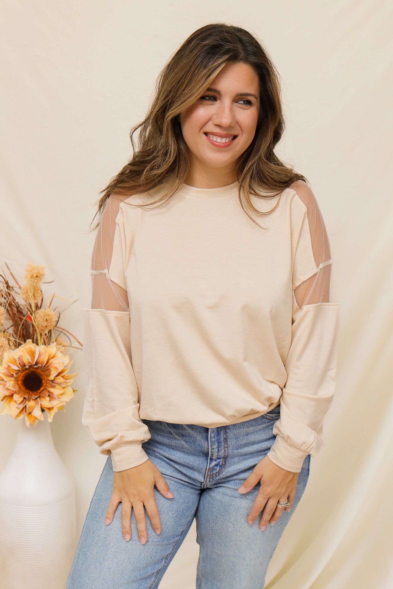 Fall Breeze Sheer Shoulder Top