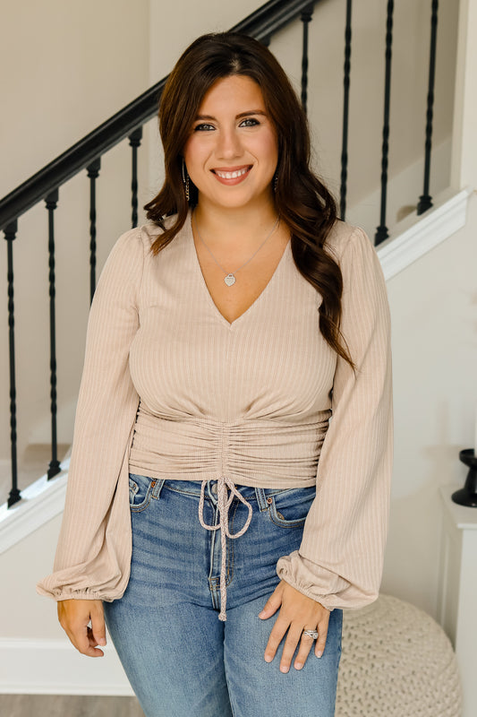 Crisp Afternoons Ruched Top (taupe)