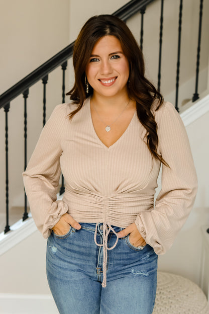 Crisp Afternoons Ruched Top (taupe)