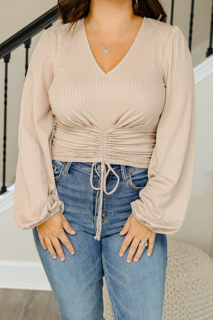 Crisp Afternoons Ruched Top (taupe)