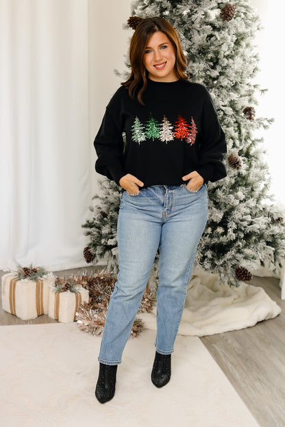 Colorful Christmas Trees Sequin Sweater (black)