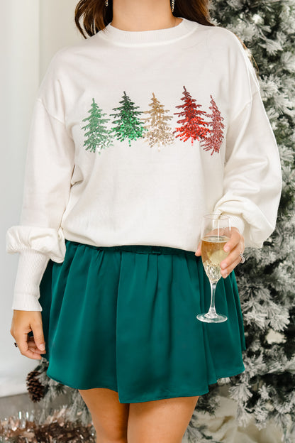 Colorful Christmas Trees Sequin Sweater (off white)