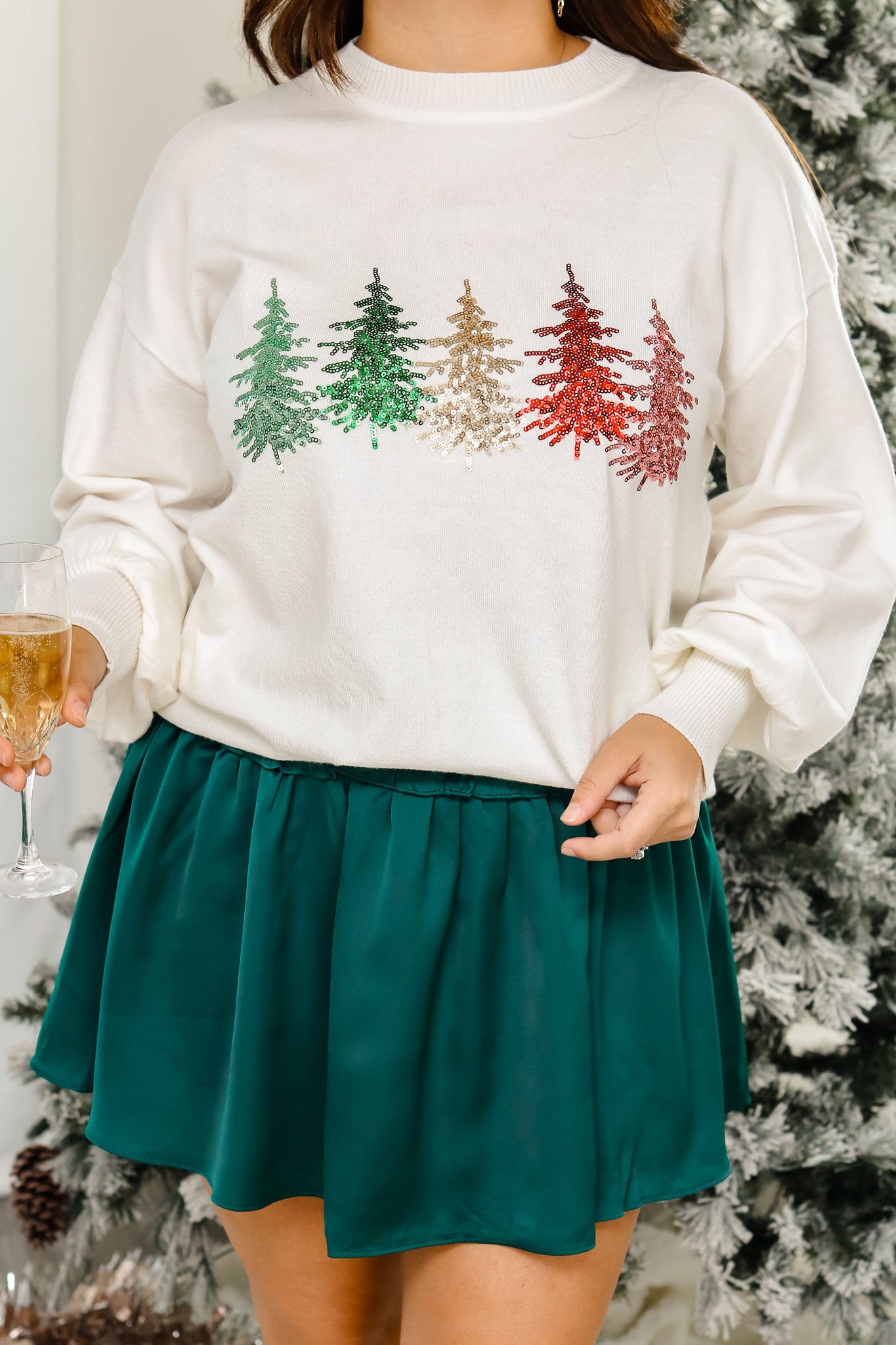 Colorful Christmas Trees Sequin Sweater (off white)