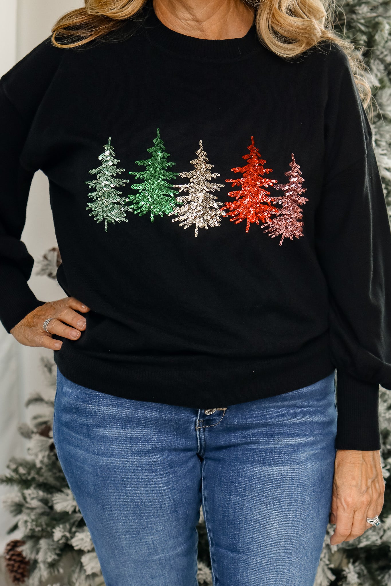 Colorful Christmas Trees Sequin Sweater (black)