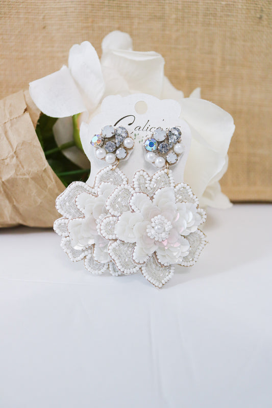 White Floral Beaded Earrings