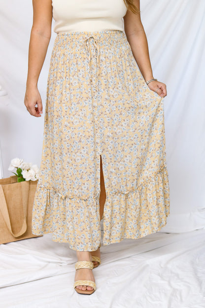 Garden Party Floral Yellow Midi Skirt