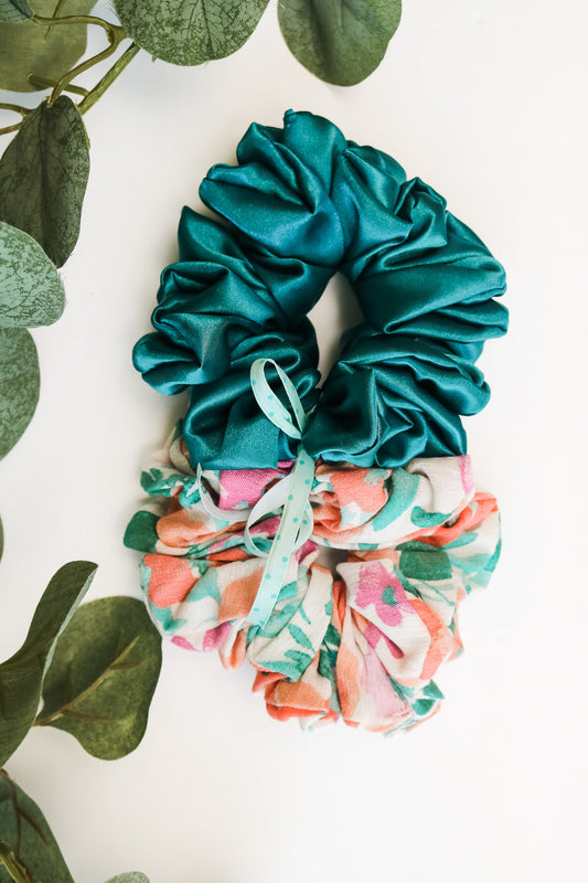 Teal And Floral Scrunchie Set (2 pack)