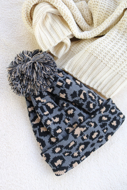 Leopard Pom Pom Beanie (charcoal)