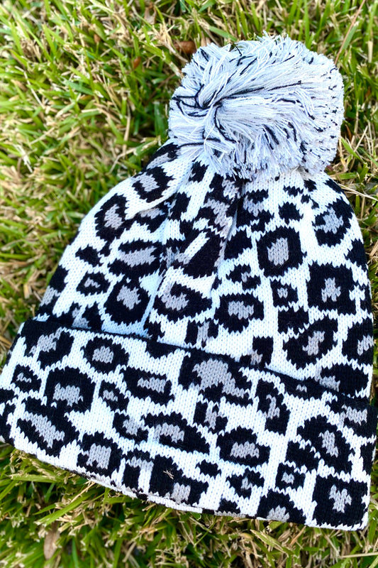 Leopard Pom Pom Beanie (white)